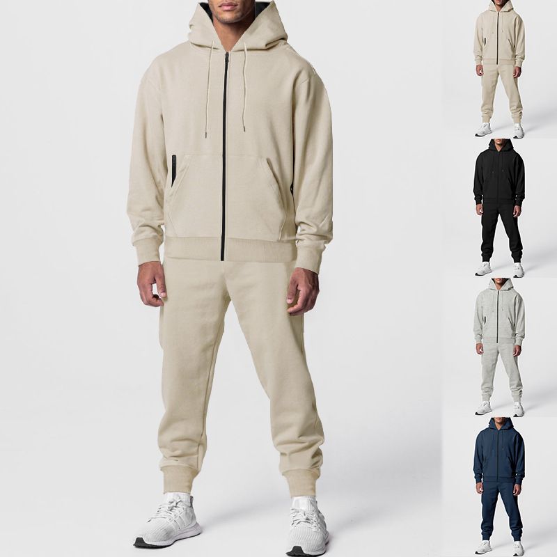 Autumn Winter Men's Solid Color Sleeve Long Pants Hooded Sports Casual Fleece Warm Thickened Set_voghion.com