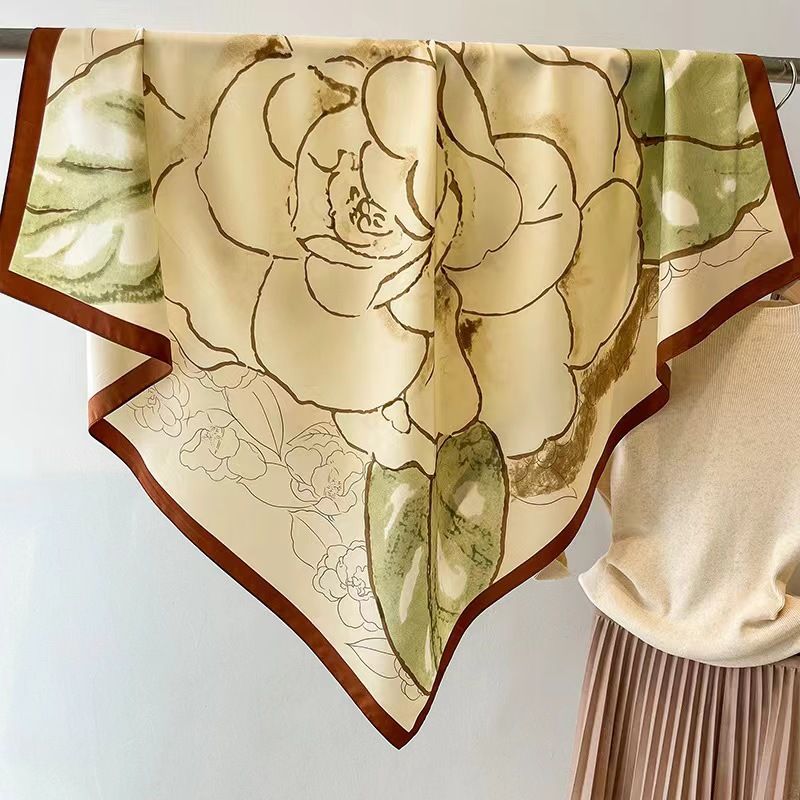 90cm large twill silk Camellia series Korean printed square scarf women's spring and autumn shawl headband_voghion.com
