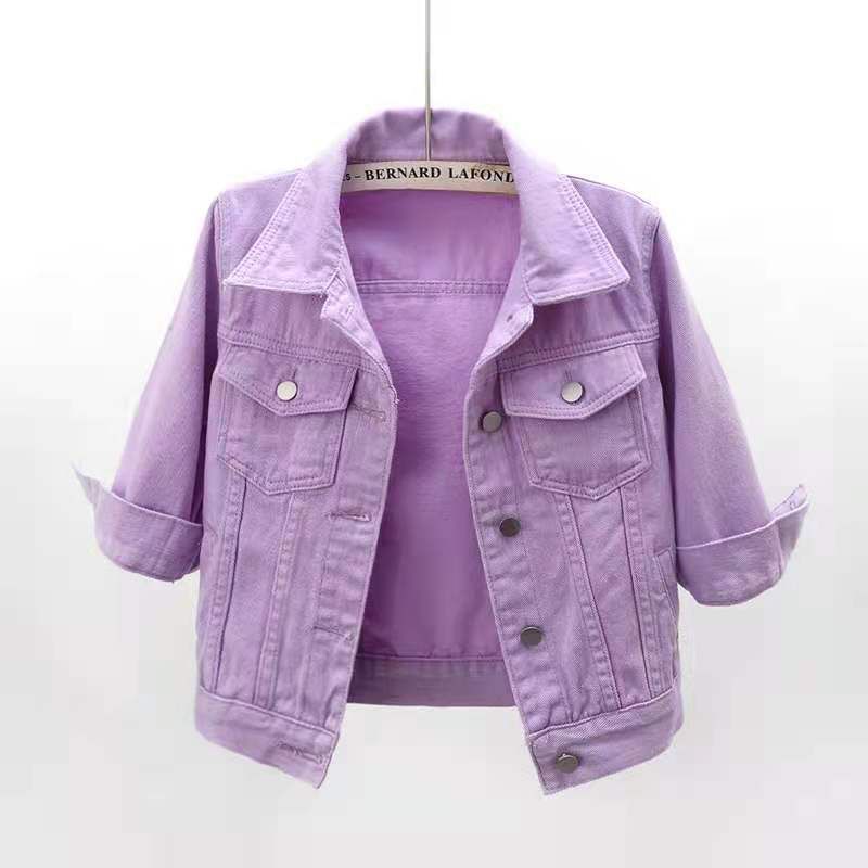 Spring and summer Korean style slim color mid-sleeve denim jacket women's short three-quarter sleeve jacket waistcoat small shawl top_voghion.com