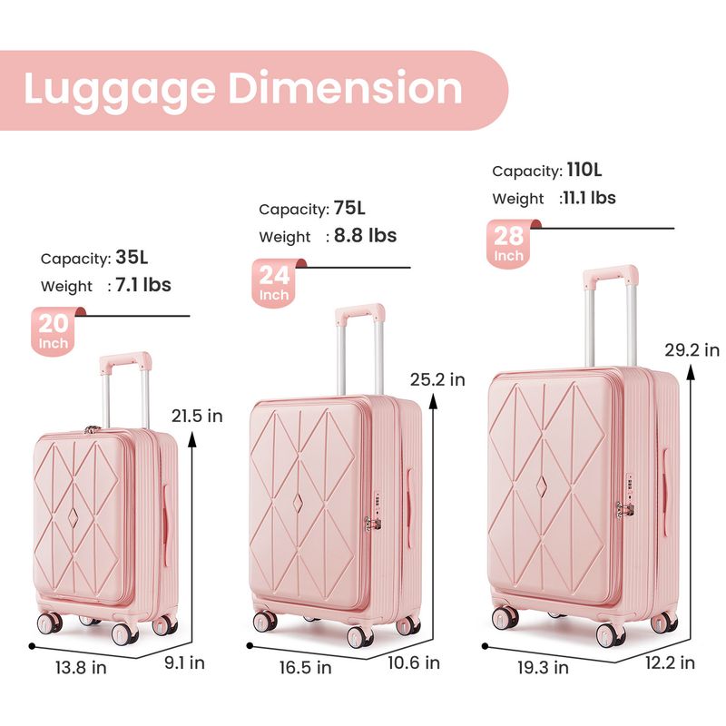 Luggage Sets 3 Piece(20/24/28), Expandable Carry On Luggage With TSA Lock Airline Approved, 100% PC Hard Shell And Lightweight Suitcase With Front Pocket And Spinner Wheels_voghion.com