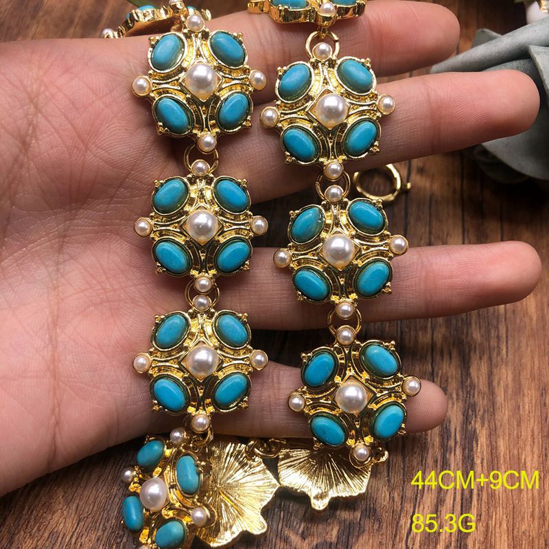 Turquoise necklace plated real gold inlaid pearl advanced sense elegant everything simple choker retro_voghion.com