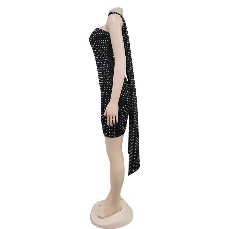 Elegantes, figurbetontes Kleid mit Schleife und Strass – dehnbares Minikleid aus Milchseide für Damen (Schwarz/Haut/Weiß)_voghion.com