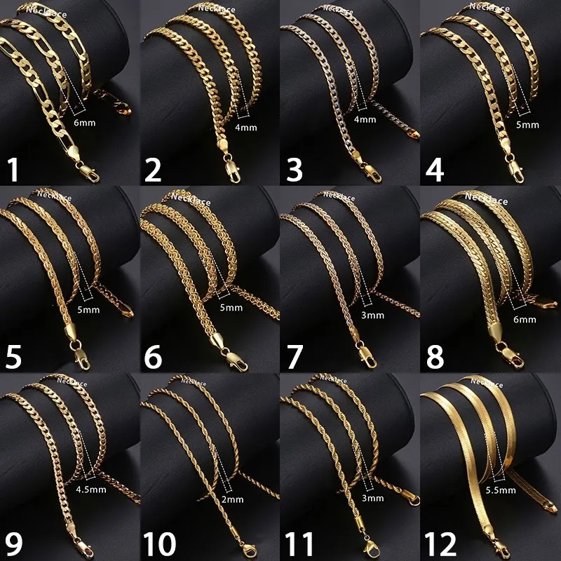 For Men Women Wheat Figaro Rope Cuban Link Chain Gold Filled Stainless Steel Necklaces Male Jewelry Gift Whole2169_voghion.com