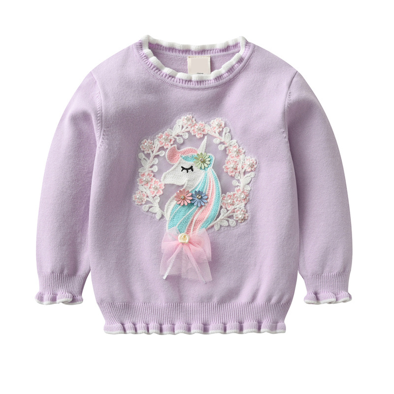 Vêtements pour enfants filles poney Applique brodé simple fil de coton Base pull automne filles dentelle pull tendance_voghion.com