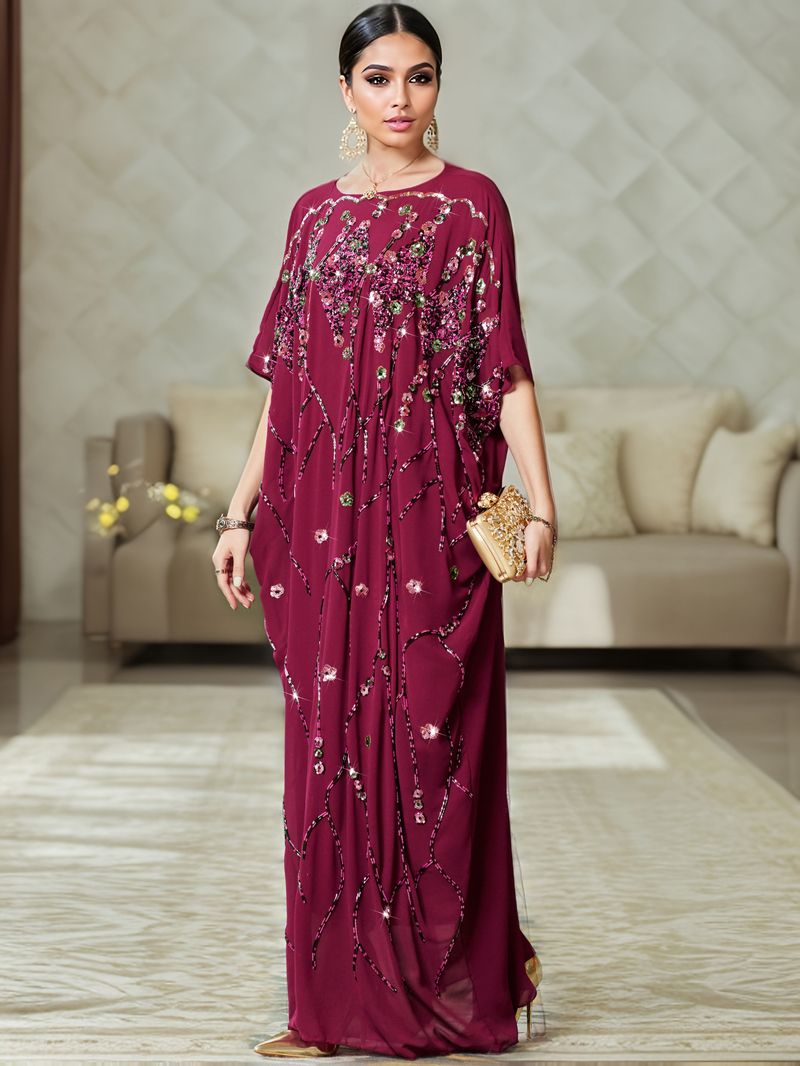 Hand-Embroidered Beaded Cape Dress With 3D Floral Details - Elegant Long Evening Gown_voghion.com