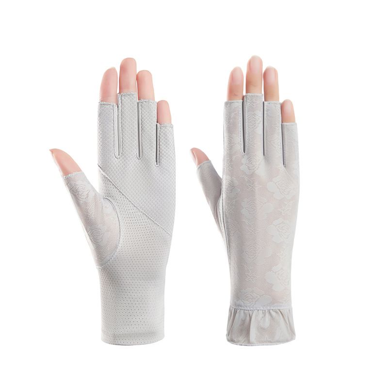 Damen Sommer Sonnencreme Spitze Blumen Fahren Radfahren Atmungsaktive Halbfingerhandschuhe Dünne Mesh Ice Silk Touchscreen_voghion.com