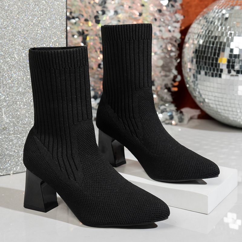 2025 Autumn Winter New Chunky Ankle Pointed Toe Stretch Sock High Heel Fashion Single Boots_voghion.com