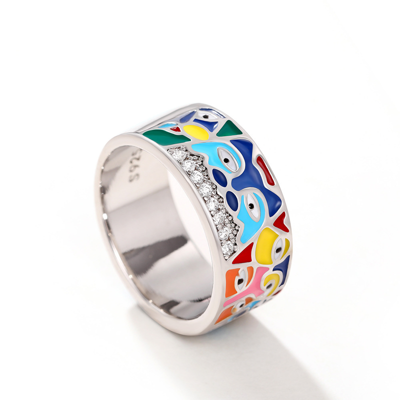 Cao Shi Colorful Oil Dropping Enamel Color Family Women's Eye Art Ring_voghion.com