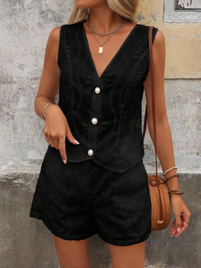 Ropa de mujer, color sólido, informal, cuello en V, chaleco, botones, pantalones cortos, traje para mujer_voghion.com