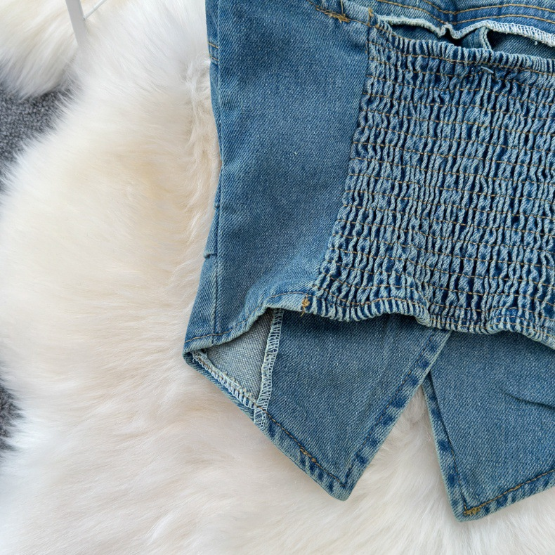 Női farmer camisole kétrészes szett magas derekú középhosszú csípőt fedő szoknya nyári_voghion.com