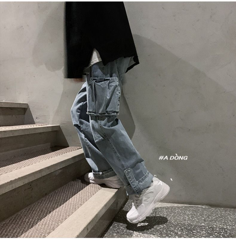 Fallen Wide Jeans Männer, Riicht Been, locker, villfälteg Aarbechtskleedung, Cropped Hosen fir Fréijoer an Hierscht, Papphosen, Trendy_voghion.com