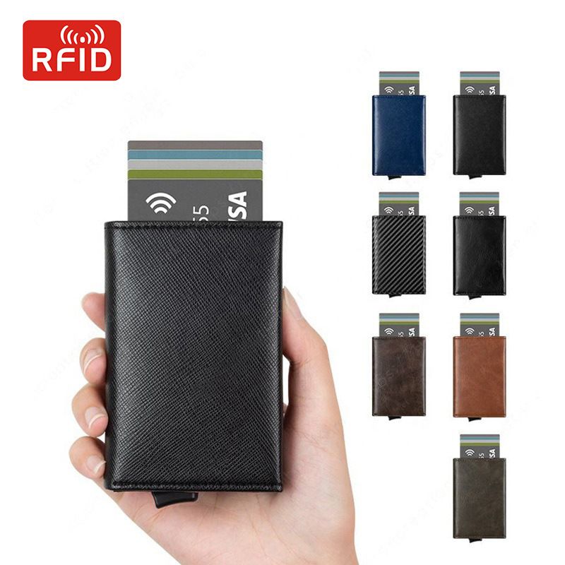 Passhüllen & Geldbörsen RFID Herren-Kartenhalter Kartenhalter Reißverschluss Einfache Bremse Aluminiumlegierung Pop-Up-Geldbörse aus Kohlefaser Diebstahlschutzbürste_voghion.com