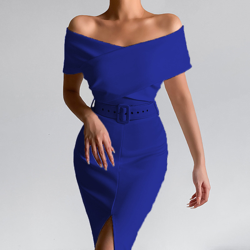 elegant temperament for commuting, simplicity and maturity new style off-shoulder belt slit skirt_voghion.com