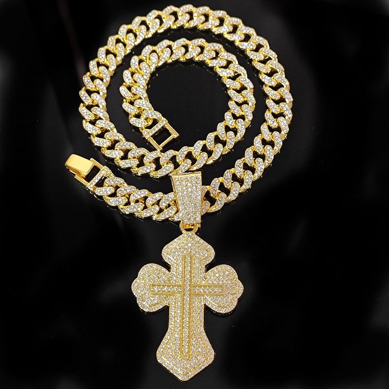 Collana con ciondolo a croce con diamanti, stile hip hop unisex, versatile, con catena cubana_voghion.com