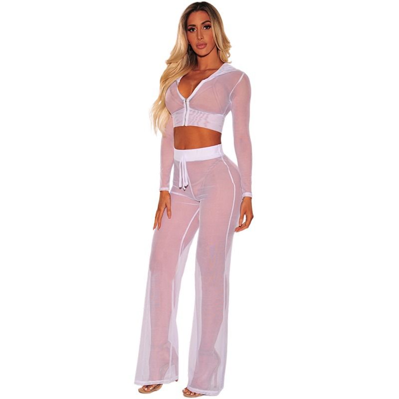 N331 Completo due pezzi da donna con cappuccio e maniche lunghe in rete trasparente_voghion.com