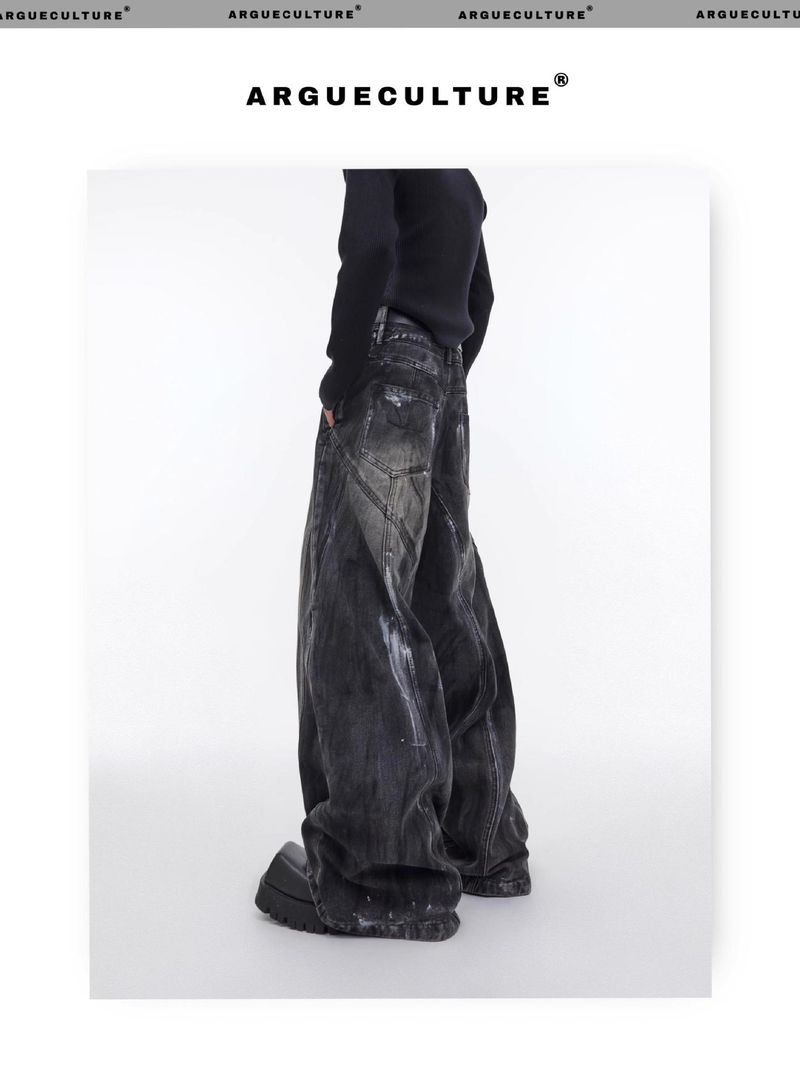 Men's Clothing High Street Jeans Design Washed Straight Flared Lightning Pattern Casual Trousers_voghion.com