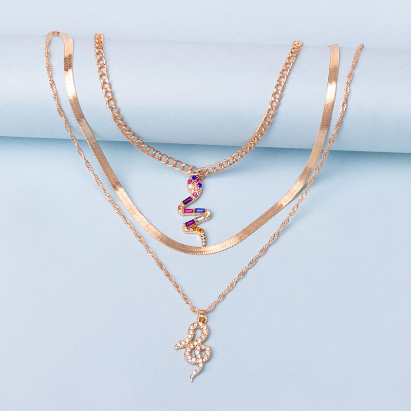 Colar de corrente com pingente, colar de dupla camada em forma de cobra, cravejado de diamantes, conjunto de colar multicamadas, personalidade criativa, punk, corrente grossa para clavícula_voghion.com