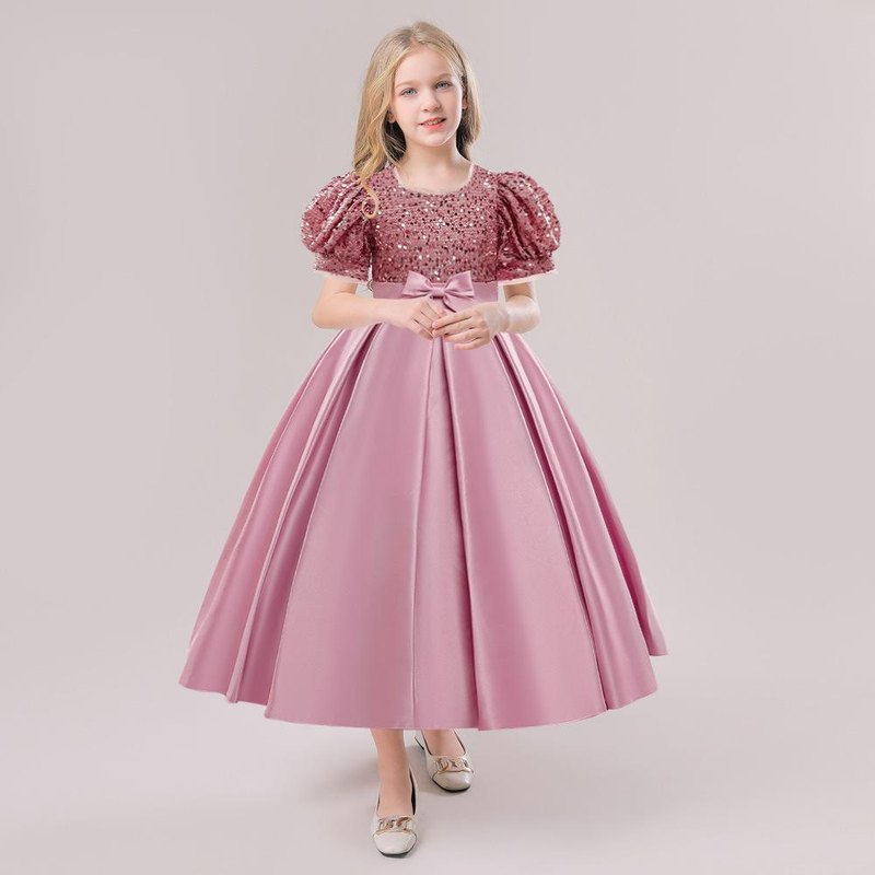 Nuovo vestito da principessa per bambine di taglia media e grande con maniche a sbuffo in glitter e gonna tutù in raso con giunture_voghion.com