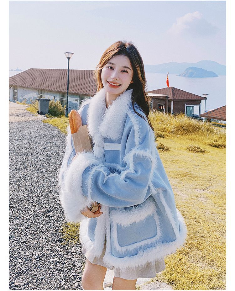 Cappotto in pelle di pecora blu shearling per donna, stile coreano, nuovo, taglia piccola, giacca invernale in pelle scamosciata spessa e calda, in cotone_voghion.com
