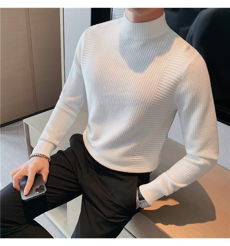 Herrenbekleidung Herren-Basispullover Frühling und Herbst neuer Slim Fit-Pullover mit mittlerem Halsausschnitt im koreanischen Stil mit halbhohem Kragen_voghion.com