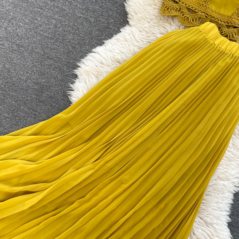 Haut en dentelle pour femmes, taille 1, jupe plissée en mousseline de soie, costume deux pièces_voghion.com