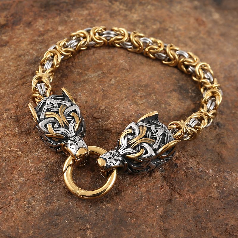 Bracciale Hip Hop da uomo in acciaio inossidabile con testa di lupo vichingo e titanio dorato_voghion.com