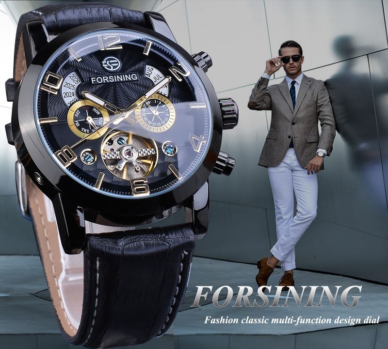 Orologio automatico di lusso da uomo con tourbillon e quadrante grande, cinturino in vera pelle, fibbia in acciaio inossidabile, vetro minerale, orologio casual alla moda_voghion.com