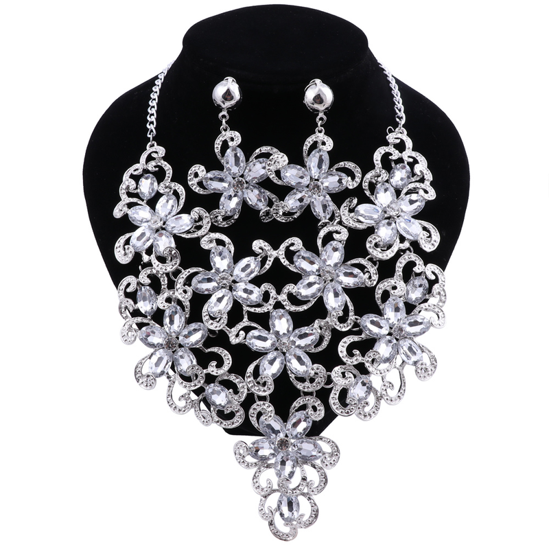 Crystal Statement bloemenketting voor dames, oorbellen, feestcadeau, sieradenset voor trouwjurk_voghion.com