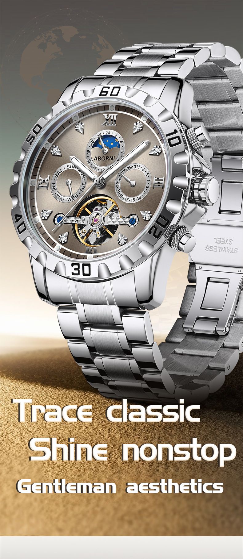 Men's Luxury Mechanical Watch With Moon Phase, Waterproof, Stainless Steel Band, Flywheel Function, Business Style Men's Watch_voghion.com