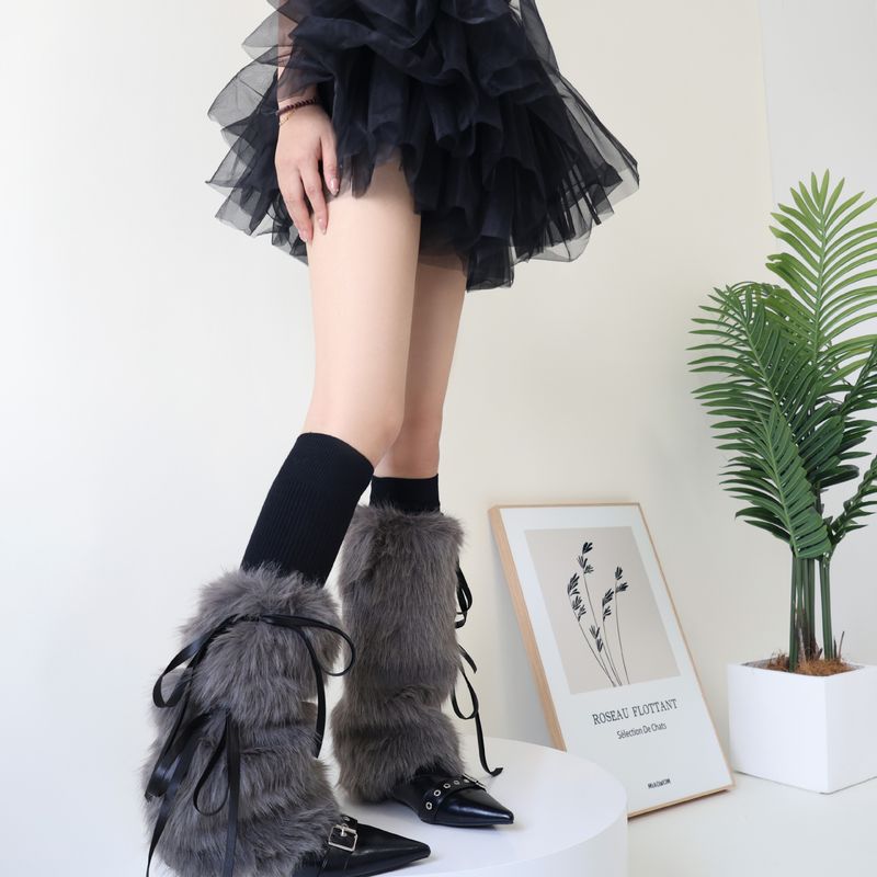 Autumn/Winter thickened fluffy bow strap leg set mid-tube y2k Spice Girl warmers_voghion.com