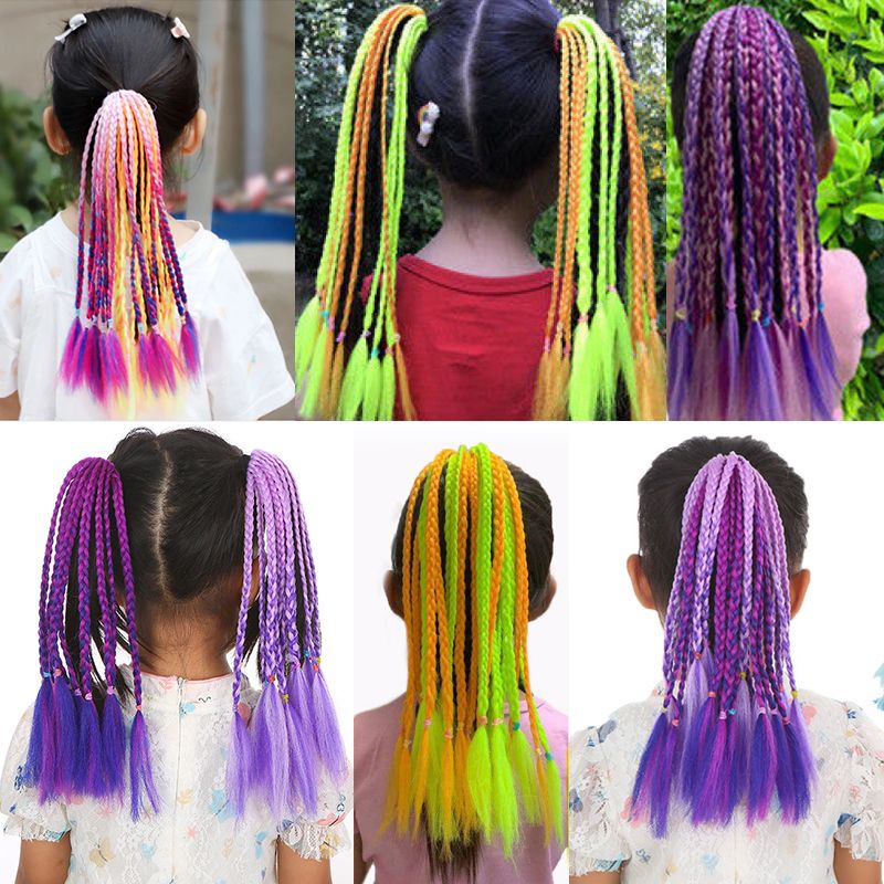 Lot de 5 extensions de cheveux en queue de cheval tressée arc-en-ciel de 30,5 cm avec bande élastique en caoutchouc, coiffure colorée pour enfants_voghion.com