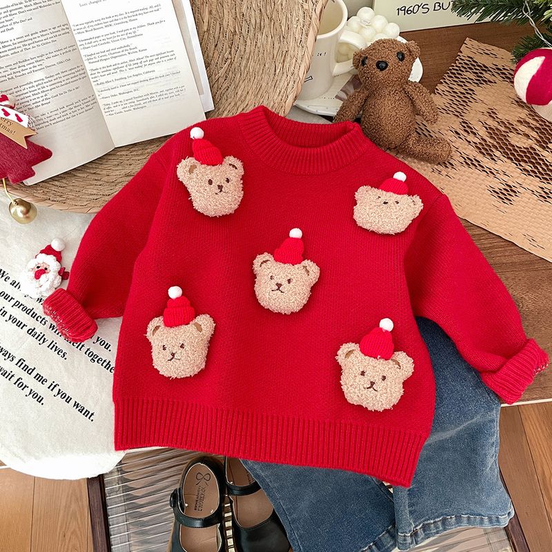 Weihnachtspullover für Kinder mit Patchwork-Stickerei, dicker Puppenpullover, Winter 2024, neuer Rundhalsausschnitt, warmes Strickoberteil für Mädchen, trendig_voghion.com