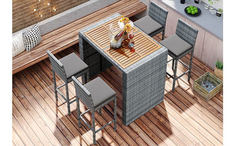 5-pieces Outdoor Patio Wicker Bar Set, Bar Height Chairs With Non-Slip Feet And Fixed Rope, Removable Cushion, Acacia Wood Table Top_voghion.com