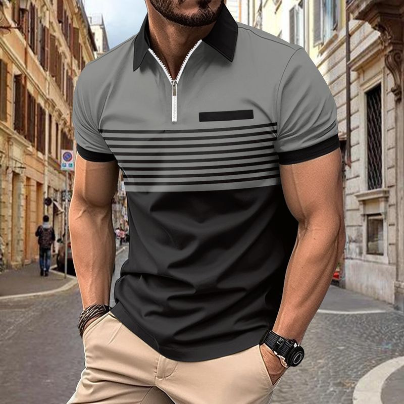 Polo a righe stampate da uomo con cerniera, in saldo estivo 2025d Ins 2024_voghion.com