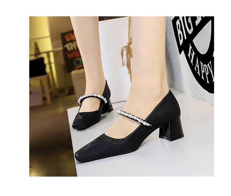 5288-17 Scarpe da donna con tacco medio e spesso, versione coreana, con punta quadrata, punta bassa, strass di perle, dritte_voghion.com