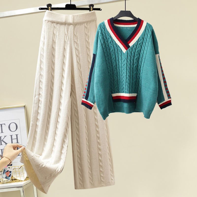 Îmbrăcăminte pentru femei Costume de toamnă și iarnă pentru femei de mărime mare, îmbrăcăminte exterioară de stil nou, vestă îngroșată, pulover tricotat, pantaloni largi, costum trei piese_voghion.com