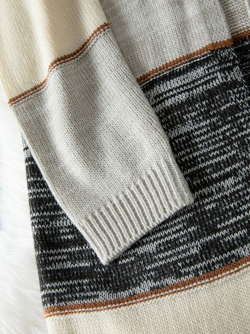 Women's Longline V-Neck Cardigan - Stripe & Color-Block Open Front Knit Sweater (Gray)_voghion.com
