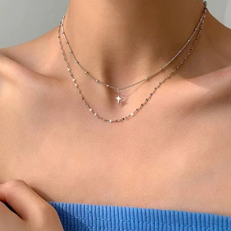 Stacked Cross Pendant Titanium Steel Necklace Niche Light Luxury Starburst Minimalist Thin Chain Double Layer Clavicle_voghion.com
