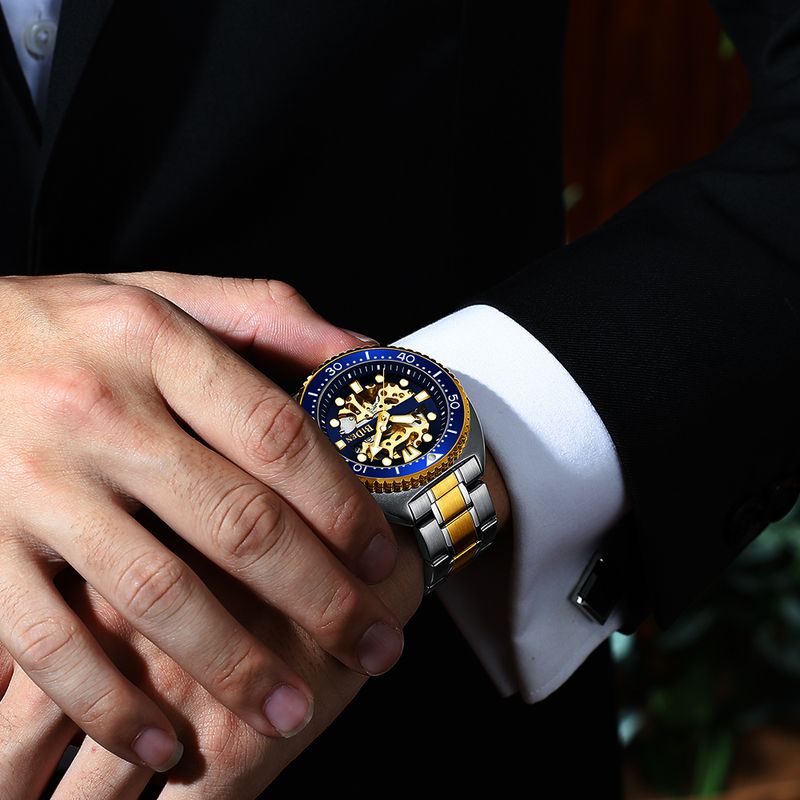 Montre mécanique classique BIDEN pour homme, marque de luxe, automatique, lunette rotative, cadran lumineux, livrée avec un écrin_voghion.com