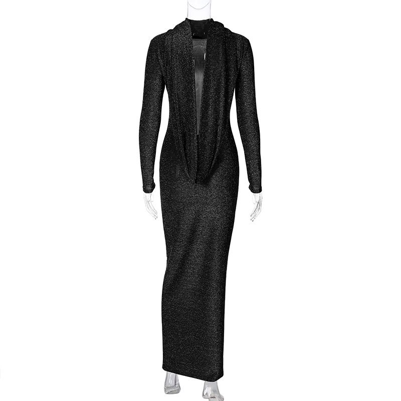 Damenbekleidung Helle Seide Rückenfreier Langer Rock Herbst Langarm Sexy Temperament Kleid_voghion.com