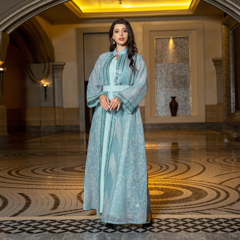 Damenbekleidung, Naher Osten, muslimische Robe, zweiteiliges Set mit Gürtel, Dubai-Kleid, elegante Strickjacke, langer Rock_voghion.com