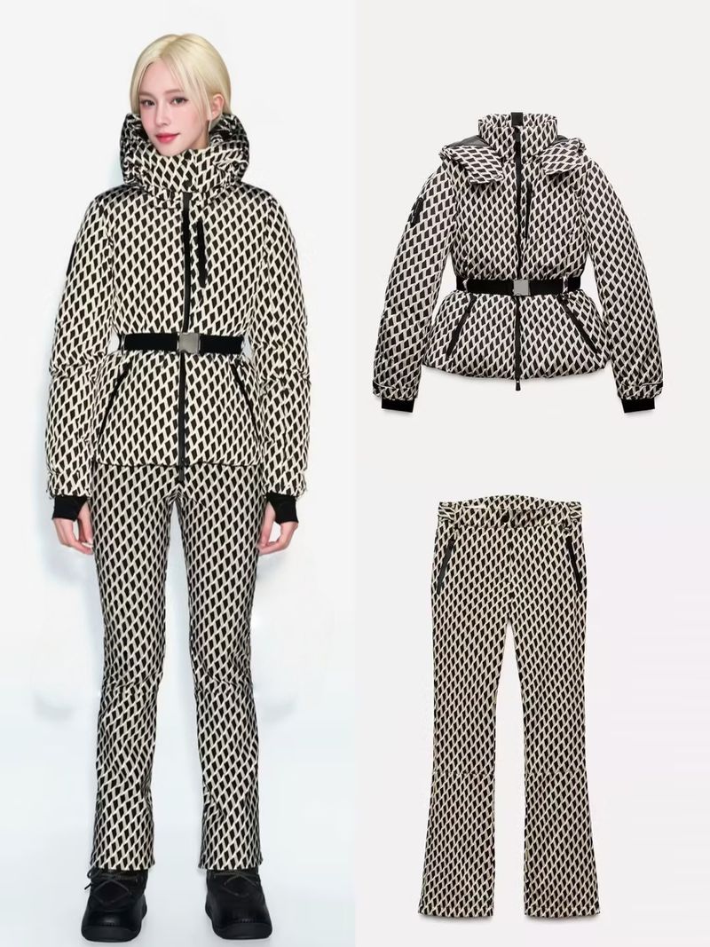 Trendy Ski-Inspired Quilted Set - Waist-Cinching Puffer Jacket & Pants With Belt Detail (Plaid, S-L)_voghion.com