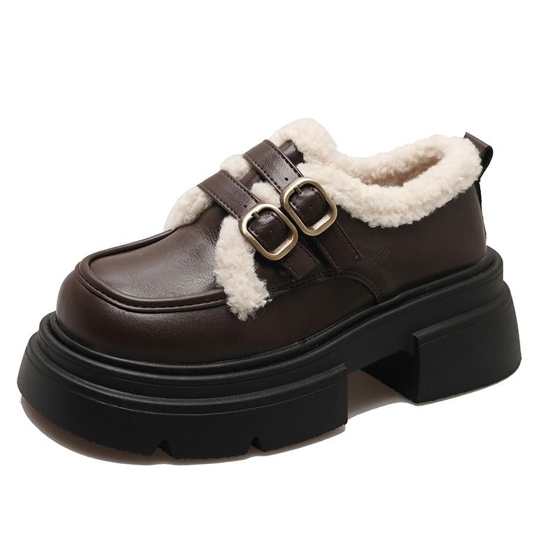 Plush cotton Le Fu Mary Zhen small leather shoes, 2023 autumn winter new item, sponge sole, warm and height increasing_voghion.com