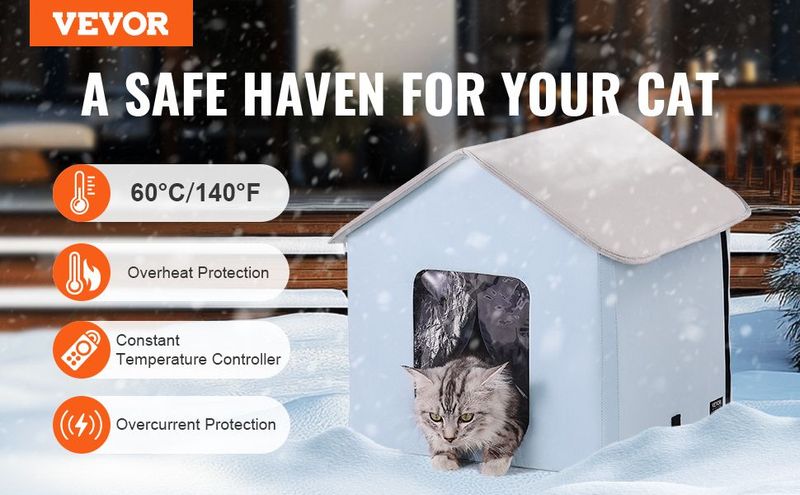 VEVOR Heated Cat House Foldable Kitty Shelter With Heated Pad Blue Small_voghion.com
