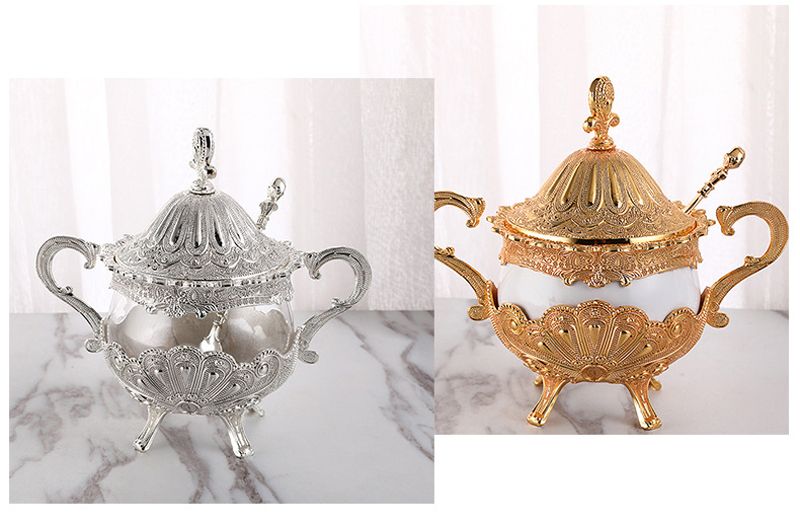 Sugar Bowl with Lid and Spoon,Metal&Glass Sugar Container for Sugar Cube and Powder Sugar,Spice Condiment Container,Salt Server_voghion.com