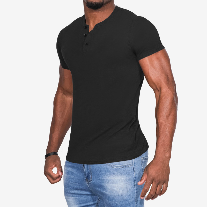 2023 Trendy Herrenmode Europäische Größe 6XL Button Henry Rundhals Kurzarm Slim Fit Einfarbiges T-Shirt_voghion.com