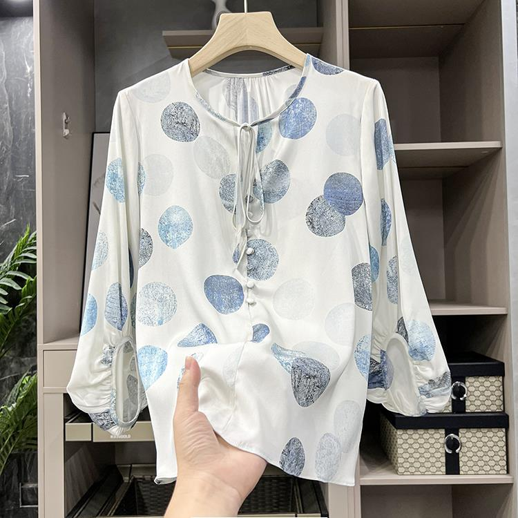 Maglietta da donna alla moda con scollo rotondo e maniche a sette punte, motivo a pois grandi_voghion.com