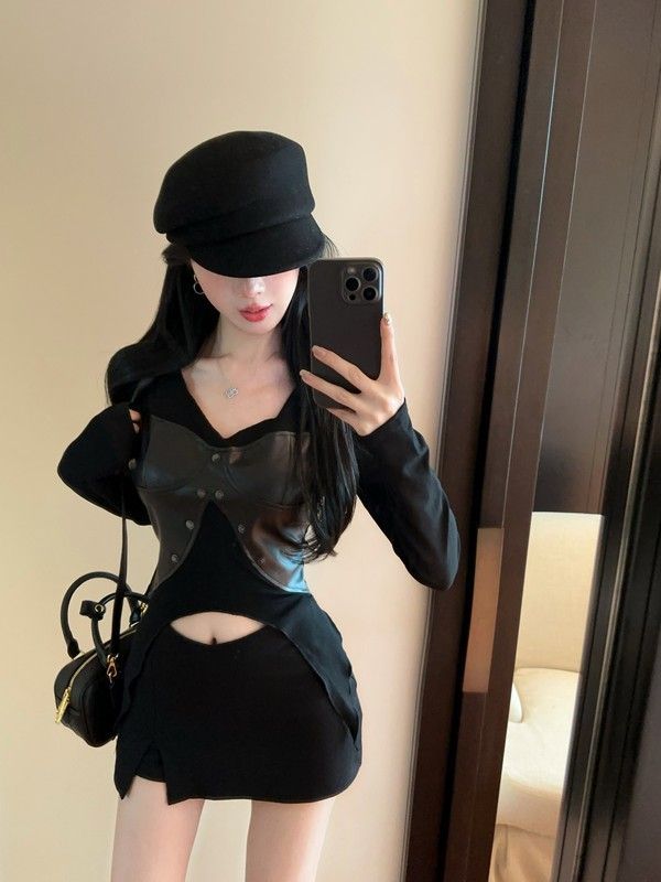 Herbst Neue Dopamin Hot Girl Nischendesign PU-Leder Patchwork Langarm Top Stil Persönlichkeit Shirt Für Frauen_voghion.com