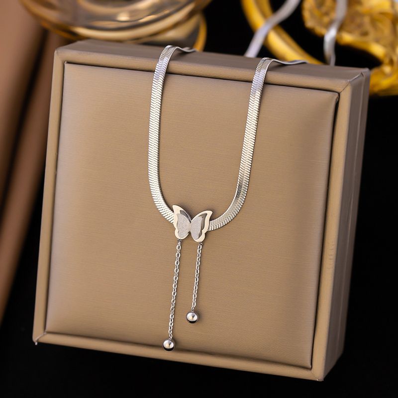 Stainless Gold-plated Frosted Butterfly Pendant With Fashionable Snake Bone Chain And Titanium Steel Tassel Necklace For_voghion.com