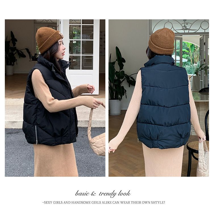 Doudoune sans manches matelassée pour femme - Veste d'hiver chaude à col montant, coloris noir/crème/kaki/citrouille | Tailles M à 2XL_voghion.com